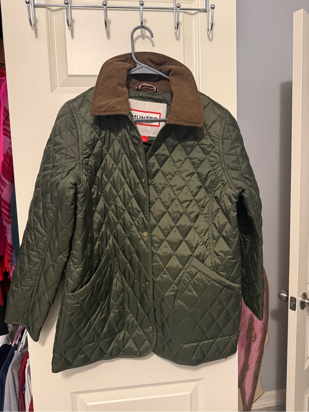 Hunter Olive Green Quilted Jacket with Brown Corduroy Collar